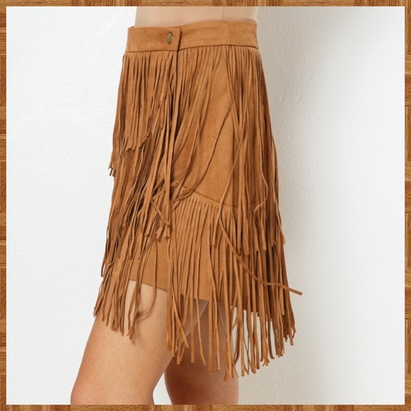 Sexy Faux Suede Mini Skirt Asymmetrical Fringe Details Banded Waistband - Picture 9 of 13